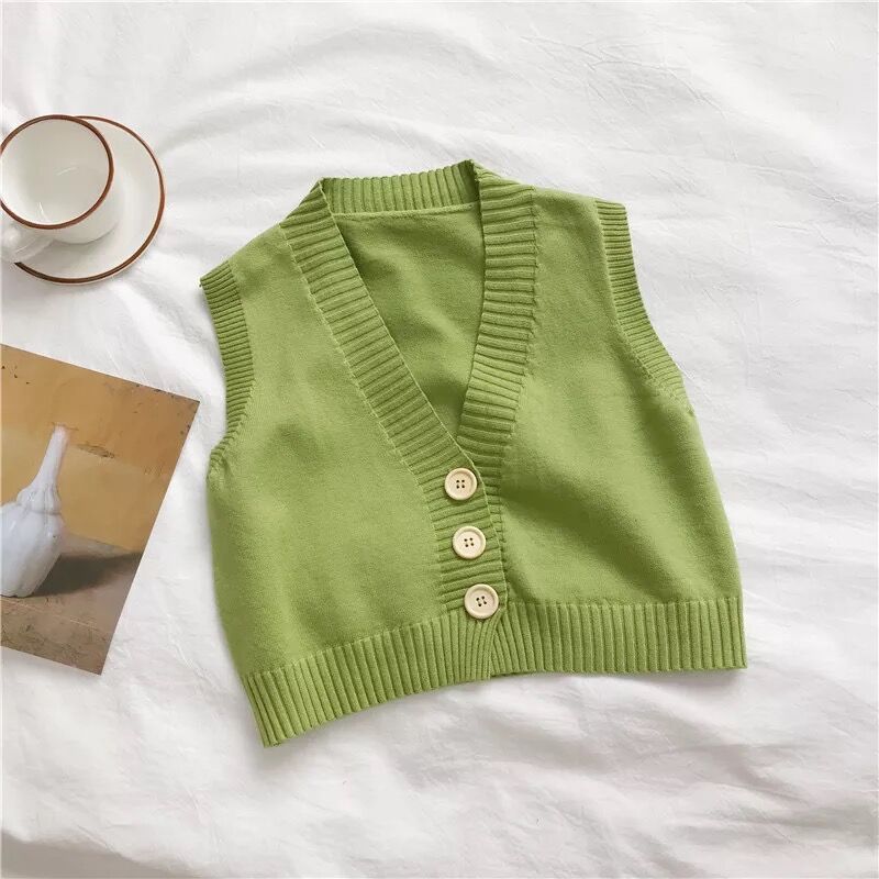 Sweater Knit Vest Women Solid Loose V-Neck Cardigan Short Sweater Elegant Sleeveless Single Breasted Lovely Female Basic Tops