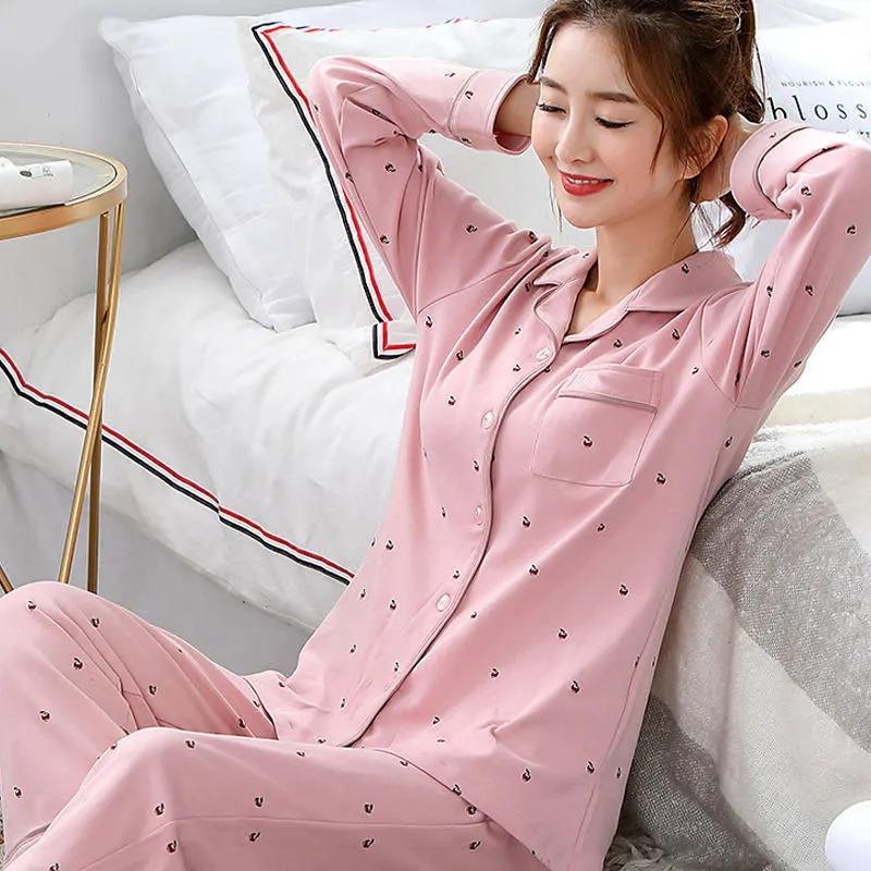 Women's Long Sleeves Pajamas Set Spring Autumn Printed Floral Suit Loose Breathable Home Wear Pants Blouses Two Piece Set
