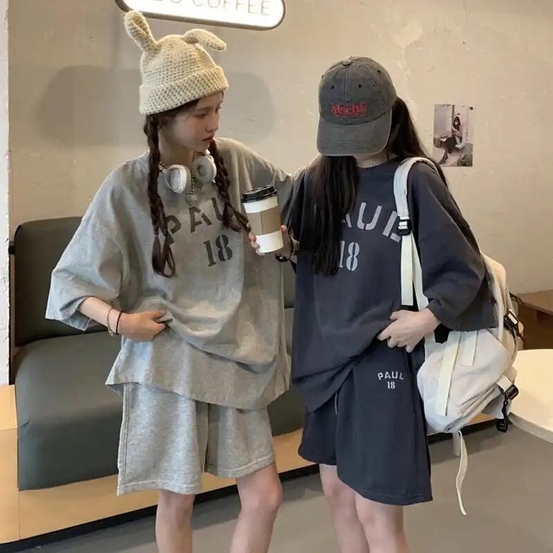 2PCS Women's Summer Sports and Leisure Suits Large Size Loose Short-sleeved T-shirt + Wide-leg Shorts Two-piece Suits Lazy Style Fitness Jogging Suits