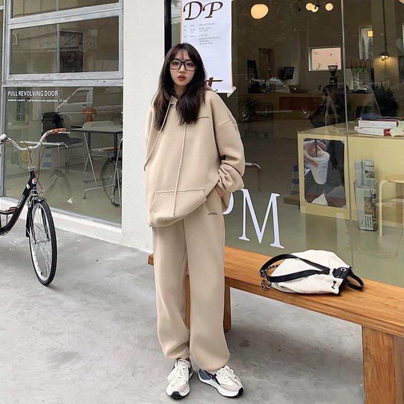 Sweatshirt Sports Suit Fleece Thickened Sports Suit Women's Autumn and Winter Loose Sweater Women's + Leggings Pants Two-piece Set