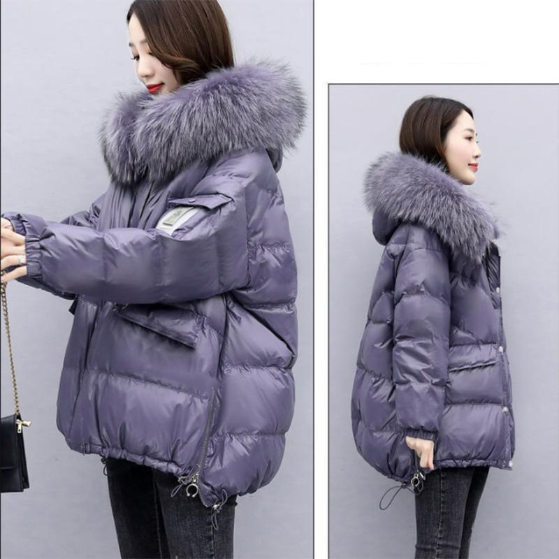 Women's Shiny Down Padded Jacket Mid-length Korean Style Loose Padded Jacket Warm Cotton Coat Big Fur Collar Winter Clothes
