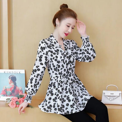 Large Size Chiffon Shirt Women's Spring and Autumn Waist Mid-length Small Daisy Long-sleeved Shirt Top