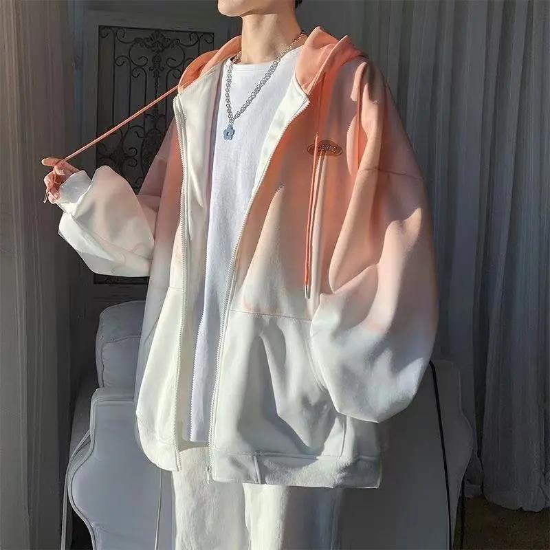 Gradient Jacket Loose Cardigan Hooded Baseball Jacket Casual Zipper Tie-Dye Cotton Thermal Long Sleeve Jacket Warm and Comfortable