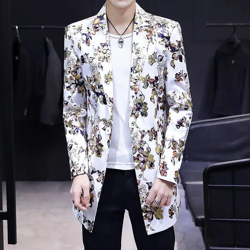 Trend Floral Print Windbreaker Spring Casual Slim Coat V-neck Business Suit Parka Long