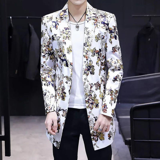 Trend Floral Print Windbreaker Spring Casual Slim Coat V-neck Business Suit Parka Long