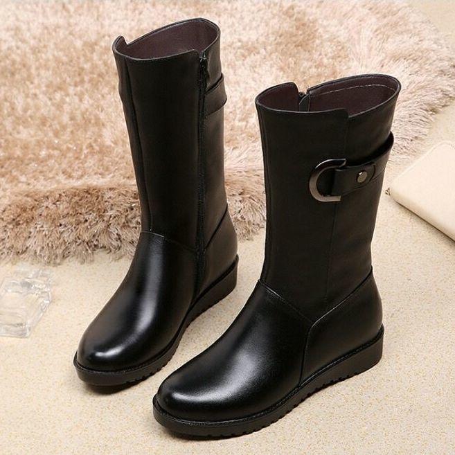 Mid-tube Boots Autumn Winter Women's Boots Plus Velvet Cotton Boots Flat-bottom Flat-heel Women's Shoes Mid-boots Middle-aged Leather Boots