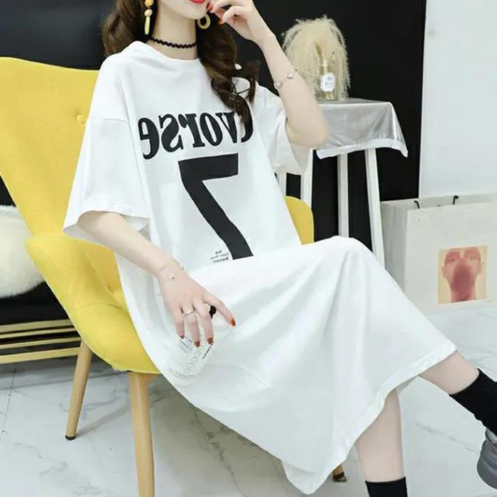 Summer Ladies' Long Skirts Women Dress Girl Loose O-Neck Casual Loose T-shirt Dress