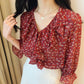 Floral V-neck Wood Ear Edge Trumpet Sleeve Seven Sleeve Chiffon Shirt, Women's Summer Korean Loose Top Trend