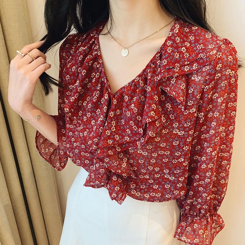 Floral V-neck Wood Ear Edge Trumpet Sleeve Seven Sleeve Chiffon Shirt, Women's Summer Korean Loose Top Trend