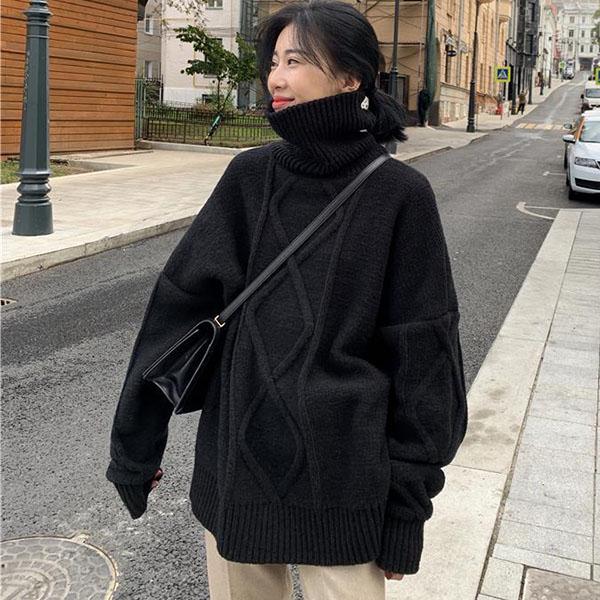 Thick Turtleneck Sweater Women's Mid-length Winter Lazy Wind Loose Students All-match Twist Knit Sweater