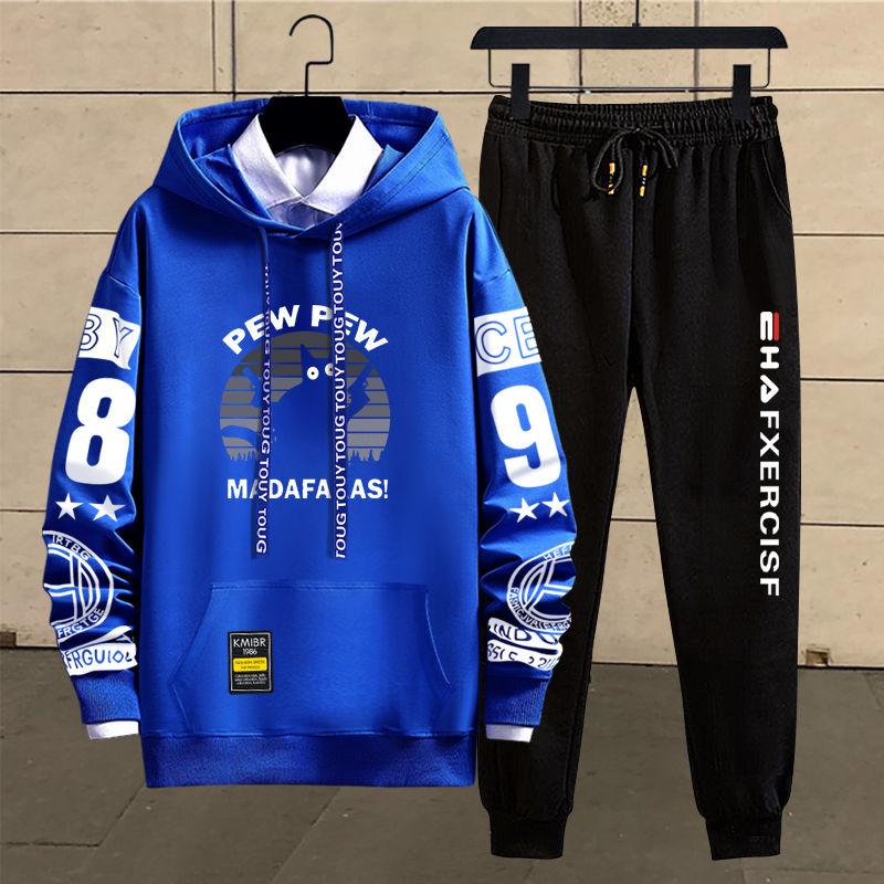 Spring Cat Print Sweater Suit Men Sports Suit Hooded Pullover Campus Student Sportswear Casual Loose Clothing