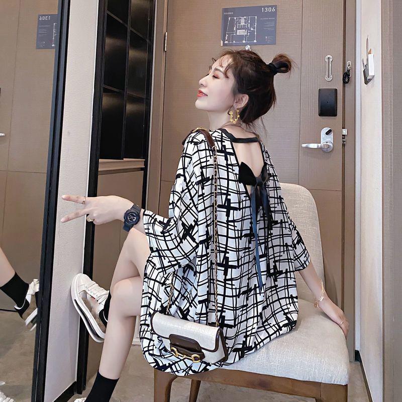 M-XXXXL Women's Summer Dress Backless Bowknot Short Sleeve Round Neck Printing Daily Wear Office Dating Party