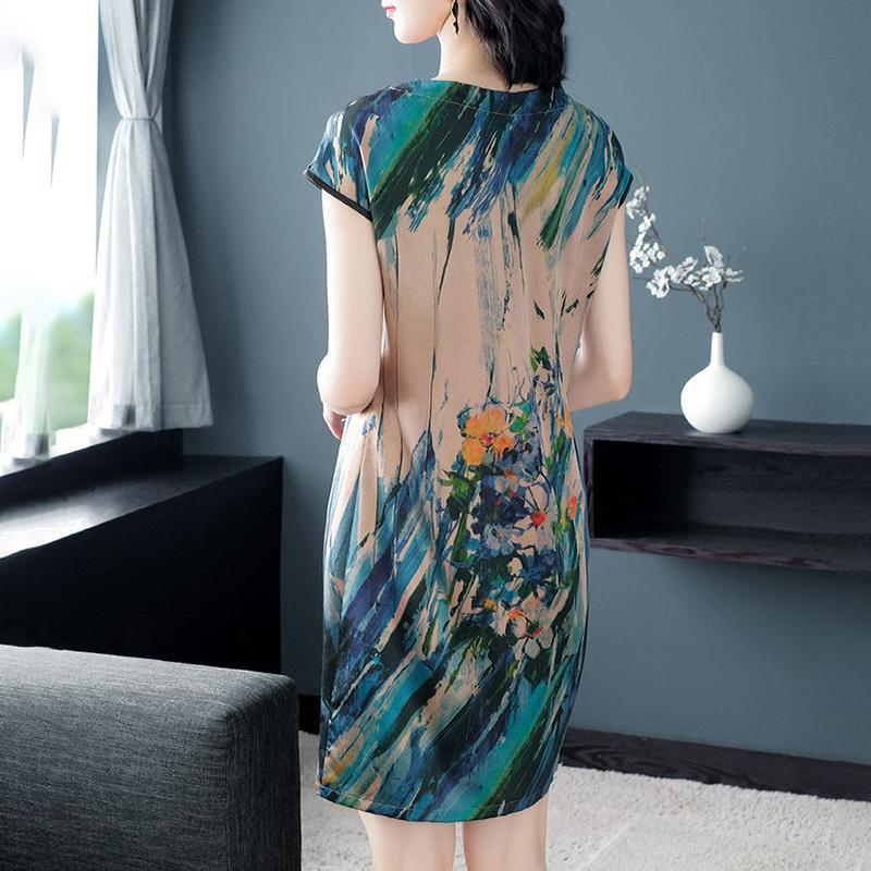 Loose Fat Dress Women's Straight Mid-length Skirt Is Thinner Round Neck Short Sleeve Printed Dress Fabric Is Smooth and Soft