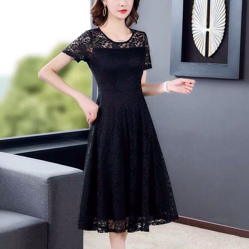Women's Short-sleeved Lace Dress Loosely Cover Belly Look Thin Spring Summer Plus Size Temperament Women's Clothing