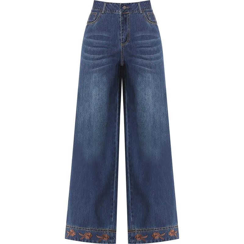 Embroidered Wide-leg Pants, Thin Nine-point Jeans, Women's Middle-aged and Elderly Niche Design Pants, Thin and Versatile Middle-aged Pants