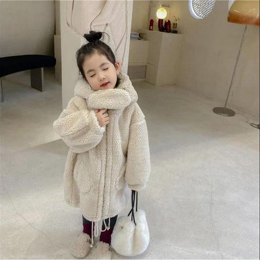 Girls Lamb Velvet Jacket Winter Thick and Warm Korean Style Jacket Plus Velvet Cute Bear Fur Sweater