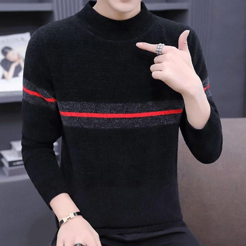 Men's Sweater Half Turtleneck Plus Fleece Thickening Autumn and Winter Youth Slim Trend Pullover Sweater