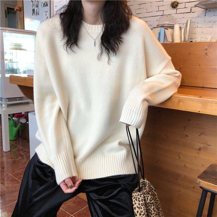 Pofulove Autumn Winter Simple Solid Color Long-sleeved Sweater Female Loose Pullover Student Shirt
