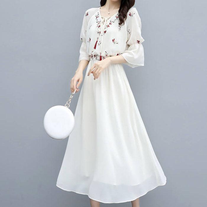 Pofulove XS-3XL Women Floral Chiffon Dress Office Lady Slim Short-sleeved V-neck A-line Beach Dress