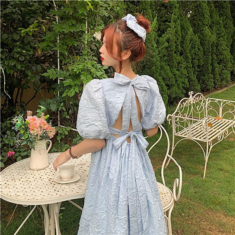 Spring and Summer Dress Korean Version of French Square Neck Bow Loose Temperament Puff Sleeve A-line Skirt