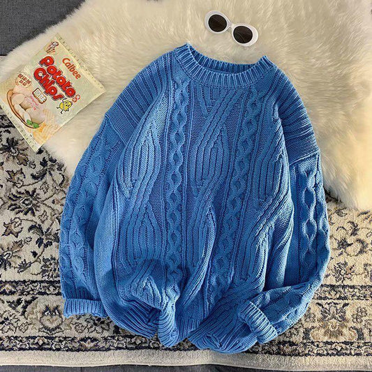 Sweater Men's Lazy Wind Pullover Round Neck Sweater Autumn and Winter Thickening Retro Japanese Outer Wear Hong Kong Style Knitted Bottoming Shirt