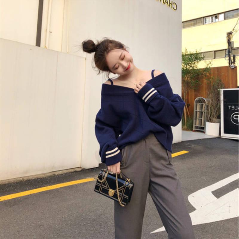 Pofulove Sexy V-neck Sweater Women Hollow Out Knitted Sweaters Chic Off Shoulder Pullovers Jumper