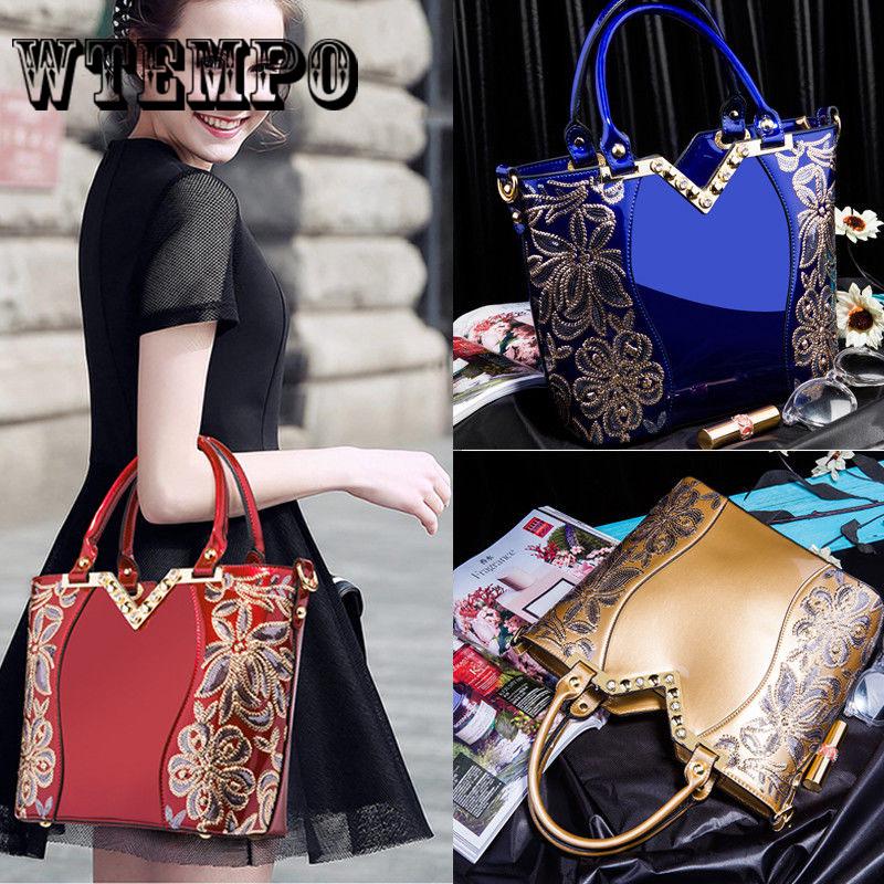 Shoulder Bag Embroidered Bright Portable Handbags Patent Leather Women Shoulder Bag