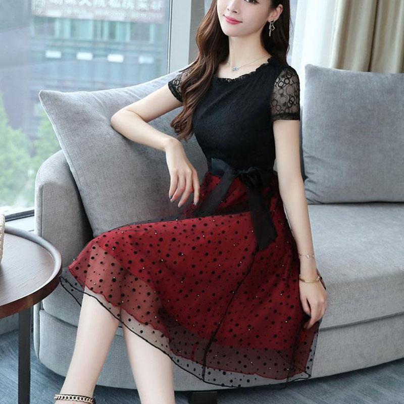 Summer Black Red White Lace Sexy Evening Sun Dress Hollow Out O-neck Ladies Party Club Dress