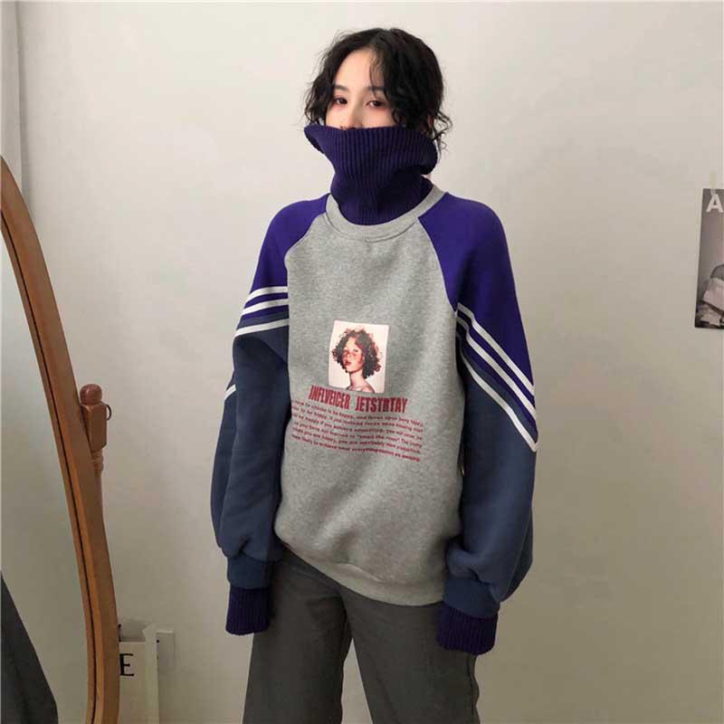 Women Turtleneck Thicker Plus Velvet Warm Harajuku Printed Pullovers Patchwork Chic Sweatshirts