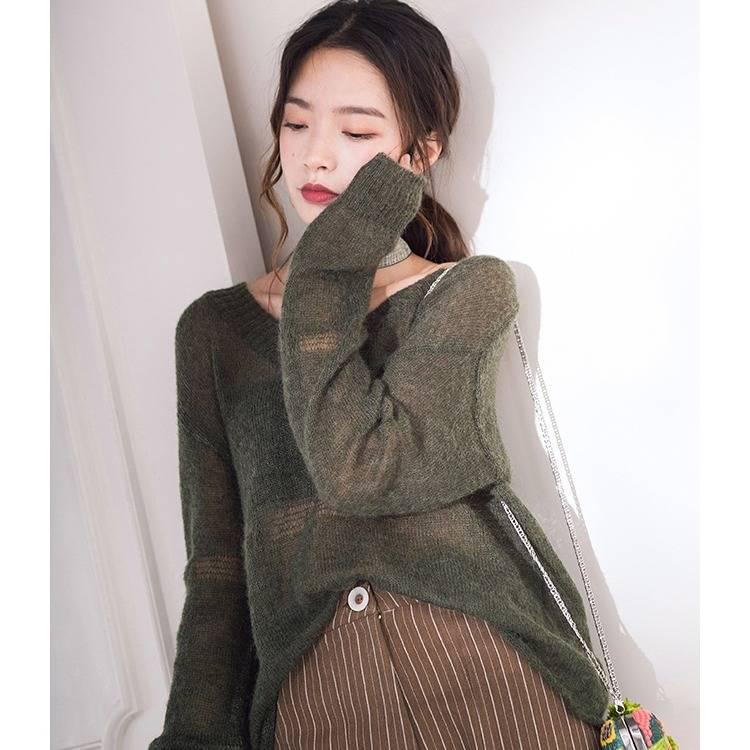Pofulove Mohair Sweater Hedging Thin Perspective Sexy Lady Hollow Long-sleeve Bottoming Knitwear