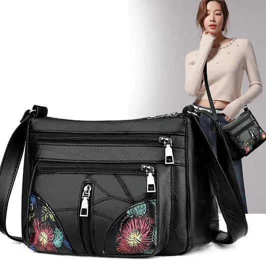 Women Multi-Layer Crossbody Bags Portable Large Capacity Classic Soft Surface Printing Black PU Leather
