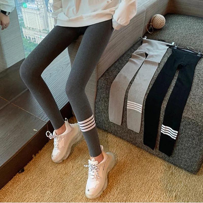 Pants Leg Printing Winter Plus Velvet Thick Vertical Stripes Leggings Women's Outer Wear Trousers Plus Size Tight-fitting Stretch High-waist Pants