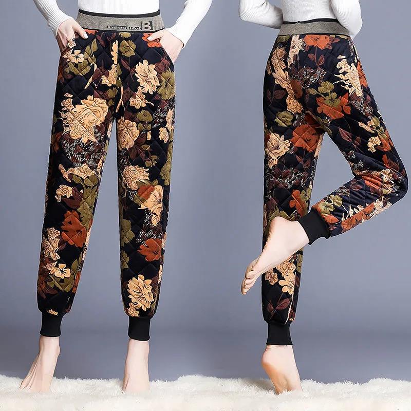 Middle-aged Elderly Plus Velvet Cotton Pants Women's Elastic High Waist Thickened Warm Pants Loose Casual Pants for Outer Wear