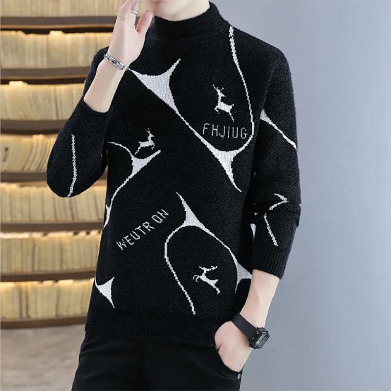 Autumn and Winter Men's Sweatshirts Thickened Warm Sweater Mink Velvet Half High Neck Men's Knitted Sweaters
