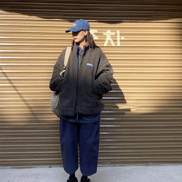 Winter Retro Japanese Loose Composite Plus Velvet Thick Gray Lamb Velvet Padded Jacket Cotton Woolen Coat