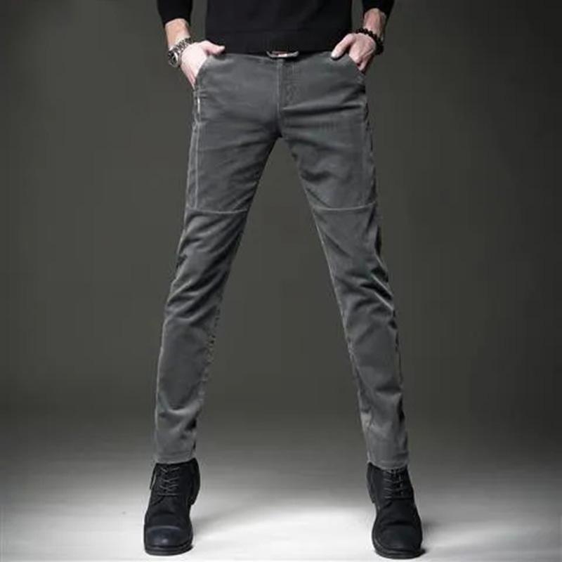Men's Autumn and Winter Corduroy Casual Pants Slim-fit Pants with Small Feet Male Straight-leg Korean Style Trousers Business Streetwear Elastic Waist