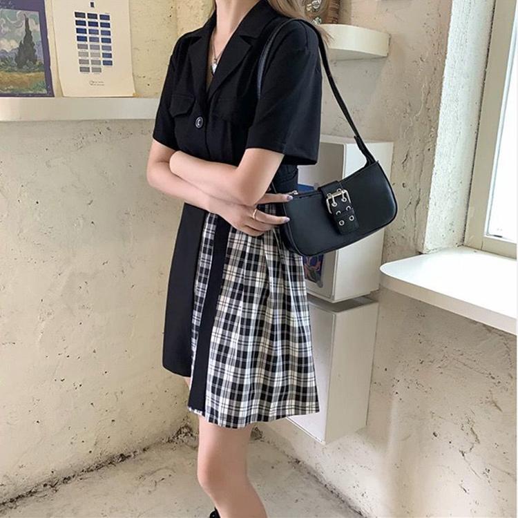 Irregular Plaid Black Dress Women's Cool Girl Summer Dress Short Sleeve Turn-down Collar Knee-length Dating Party Daily Wear