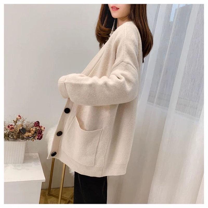 Women's Sweater Coat Loose V-neck Long-sleeved Cardigan Solid Color Sweater with Buttons