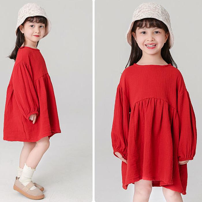 Kids Dresses Princess Autumn Spring Children Clothes Pure Color Playful Retro Casual Lovely Baby Girls Dress