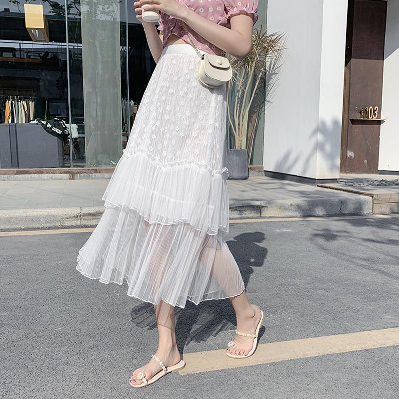 Long Tulle Skirts Womens Summer Elastic High Waist Mesh Tutu Pleated Skirt Female Skirt