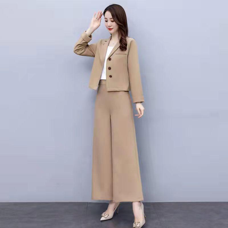 2PCS Women's Loose Wide Leg Pants Suit Spring/Autumn Fashion Casual Western Style Short Two-piece Set Elegant Trend Solid Sets Ladies Solid Color Suit