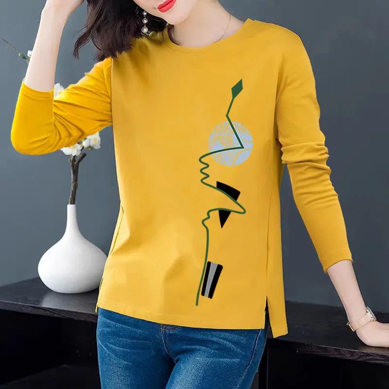 Spring Women T-shirts Simple Face Print Pullovers Long Sleeves Bottoming Shirts Casual Slit Top