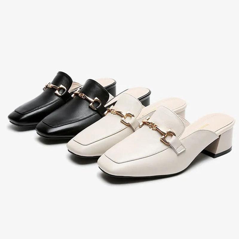 Leather Baotou Slippers Women's Mid-heel Summer New Fashion Net Infrared Wear Semi-trail Thick-heeled Single Shoes Work Shoes