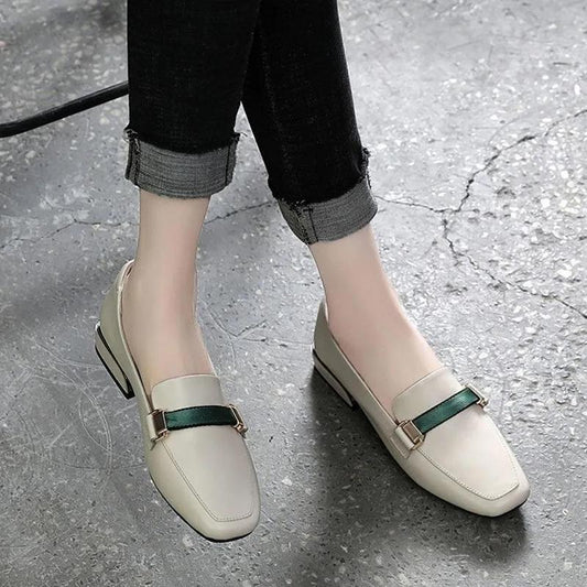 Soft Leather Single Shoes Women's Thick Heel Flat All-match Low-heel Square Toe British Style Retro Square Toe Leather Shoes for Work