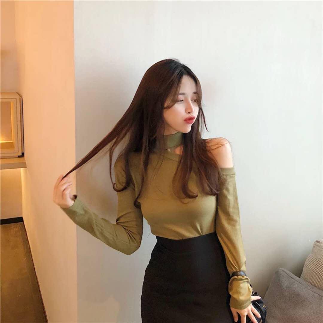 Pofulove Slim Girly Hollow Out Collar Sweater Charm Halter Neck Crop Top V-Neck Fit Sweater Jumper