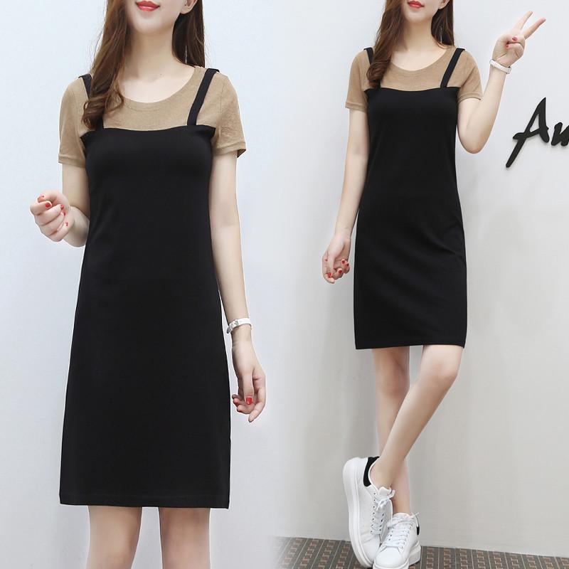 Summer Short-sleeved Stitching In Long Paragraph Fake Two-step Skirt Strap Slim Dress