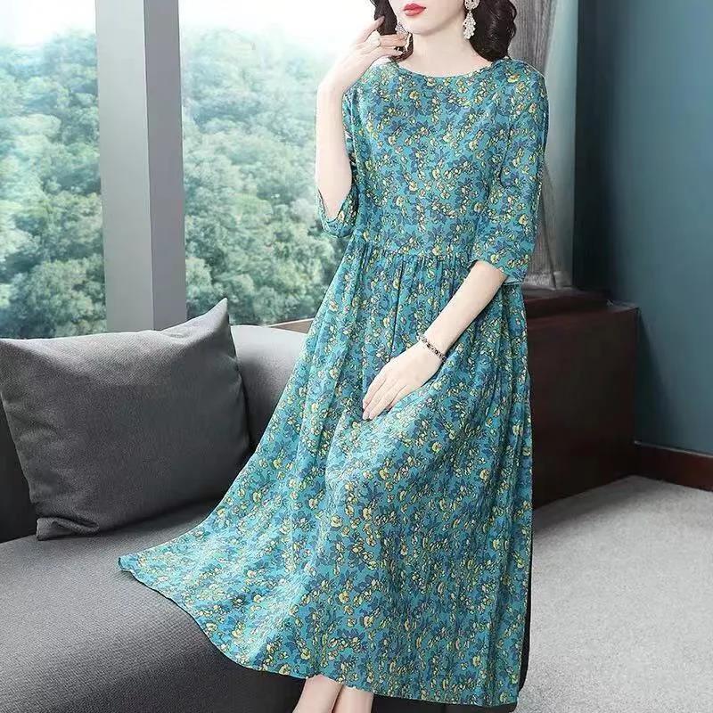 Women's Summer Dress Round Neck Skirt Women's Plus Size Mother Print Mid Length A-Line Skirt