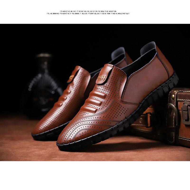 Men Summer Leather Shoes Breathable Hollow PU Shoes Slip on Soft Sole Casual Leather Shoes Comfortable Driving Shoes Leisure Round Toe Wear-resistant