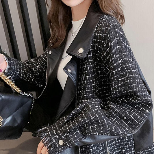 Leather Jacket Women's Tide Ins Autumn and Winter Korean Version of The Wild Loose Short Stitching Jacket Thickening Women