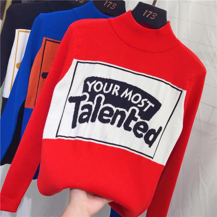 Pofulove Colorblock Lettering Turtleneck Sweater Hong Kong Style Retro Bottoming Slim Fit